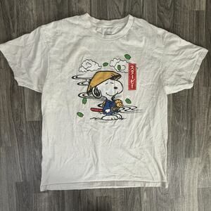 Peanuts Snoopy Japanese Katakana Graphic Tee White Short Sleeve Shirt Size L